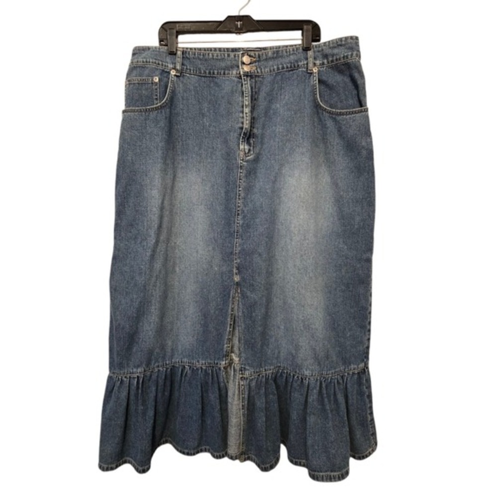 Vintage 90s Avenue Blues Long Denim Skirt Womens 18 Blue Ruffle Cotton Western